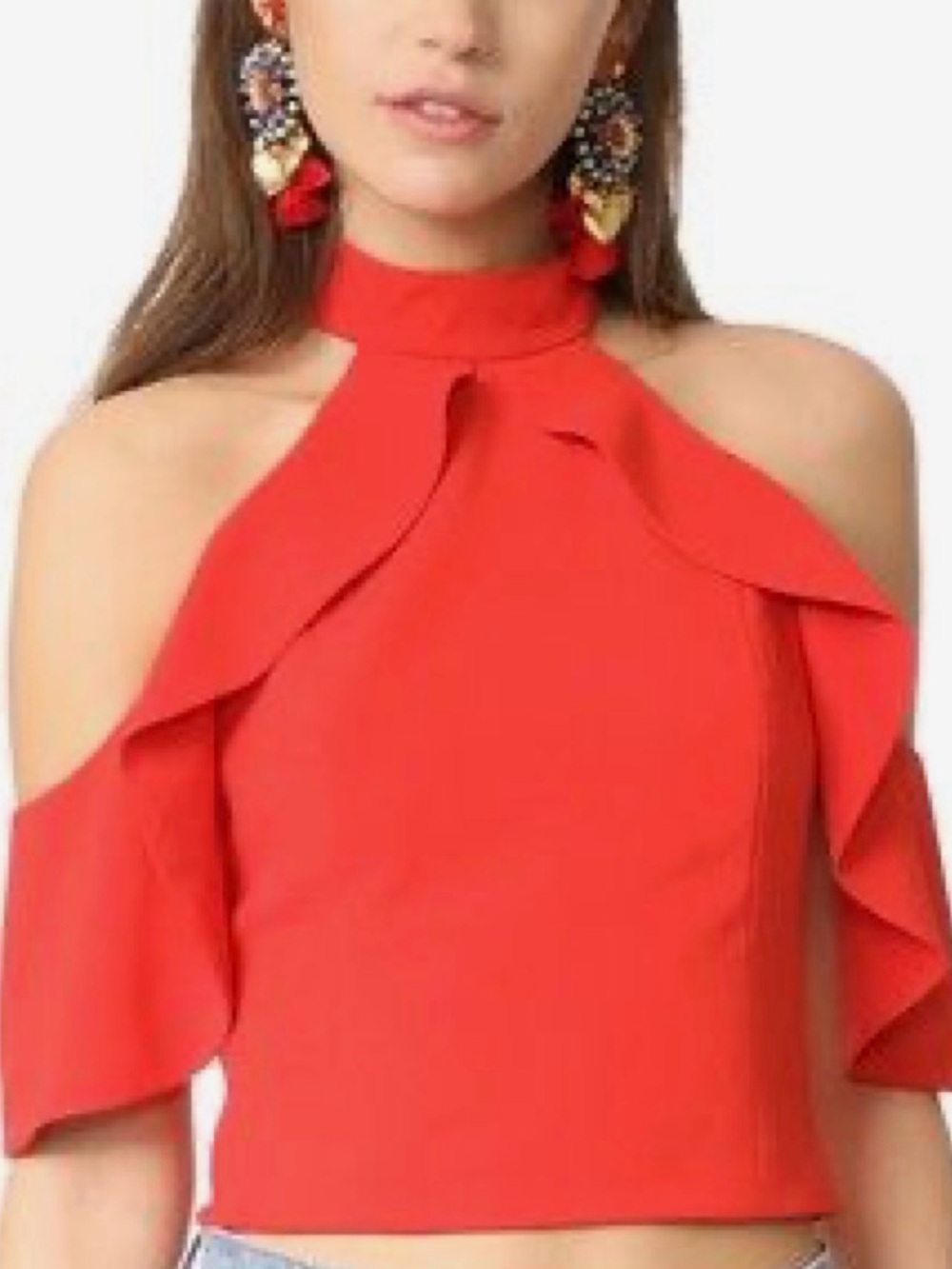 Alice + Olivia Women's Red Cold-Shoulder Ruffle Halter Top